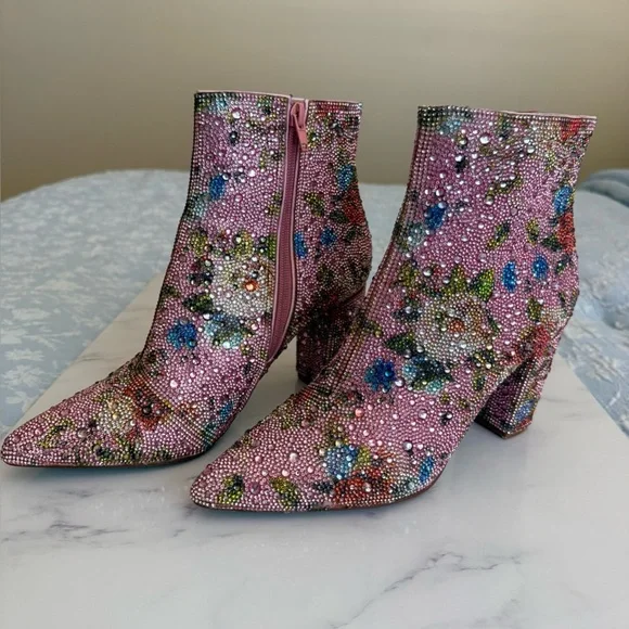 Betsey Johnson Pink Floral Crystal Block Heel Booties - Picture 4 of 12
